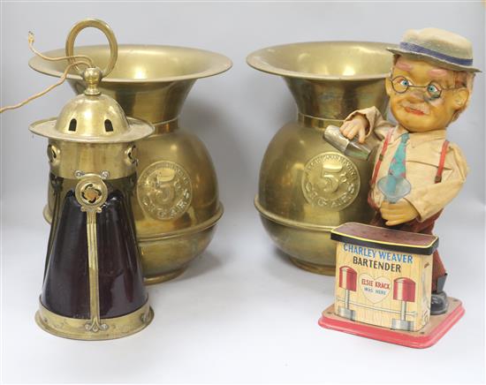 Two advertising vases, a lantern, a clockwork Charlie Waver bartender doll